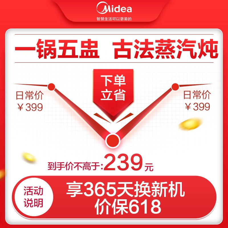 美的（Midea）電燉鍋 電燉盅 蒸汽養(yǎng)生煮粥鍋1盅5膽多功能白瓷內(nèi)膽高溫蒸汽消毒智能 DZ16power501 以舊換新