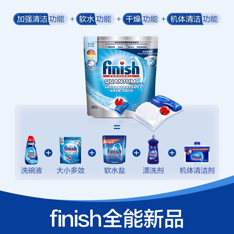 finish洗碗机专用量子极净洗碗凝珠25块 洗碗粉 洗碗机洗涤剂 亮碟剂 西门子美的松下老板海尔等适用