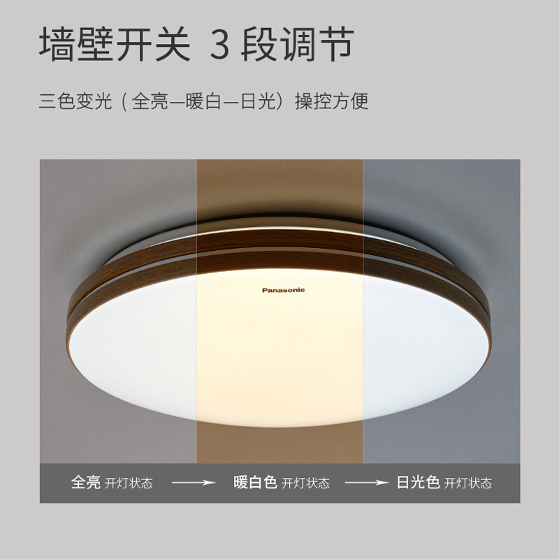 松下（Panasonic）LED吸頂燈墻壁段調(diào)色臥室燈客廳燈具木紋裝飾帶 圓形21瓦 HHLA1805