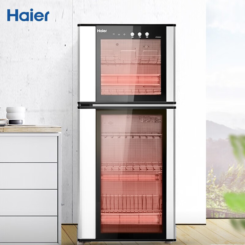 海尔（Haier）消毒柜 二星级 家用 立式 100L大容量 净烘一体 光波物理消毒 双室双温  ZTD100-A