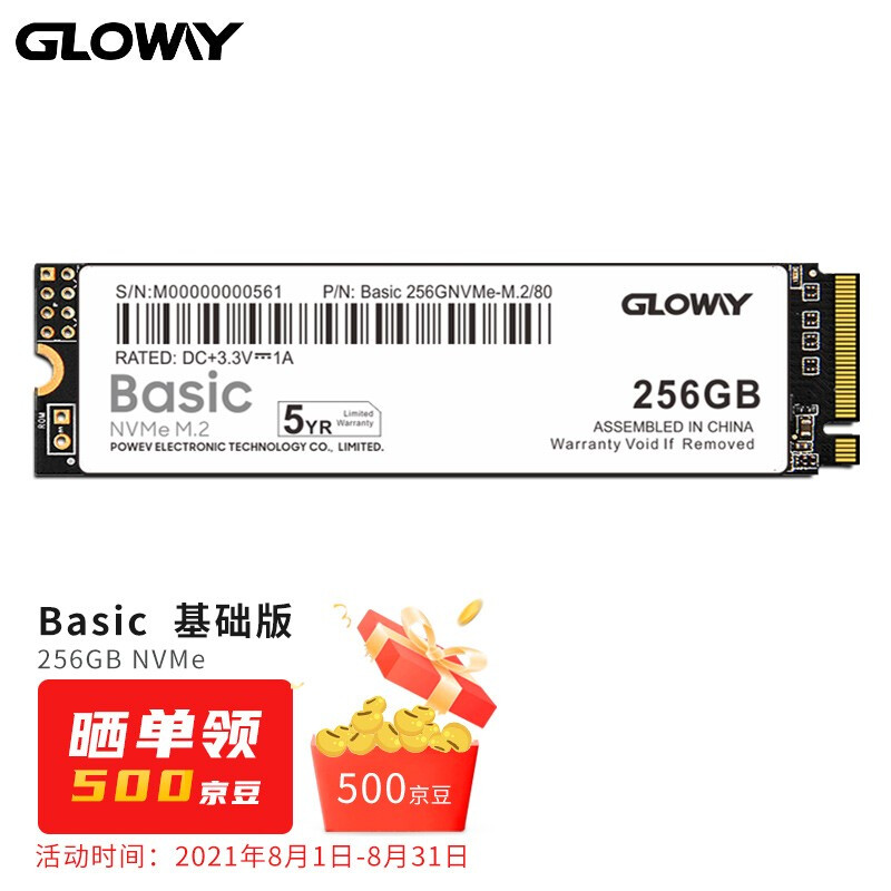 光威（Gloway）256GB SSD固态硬盘 M.2接口(NVMe协议) Basic系列-基础版/五年质保