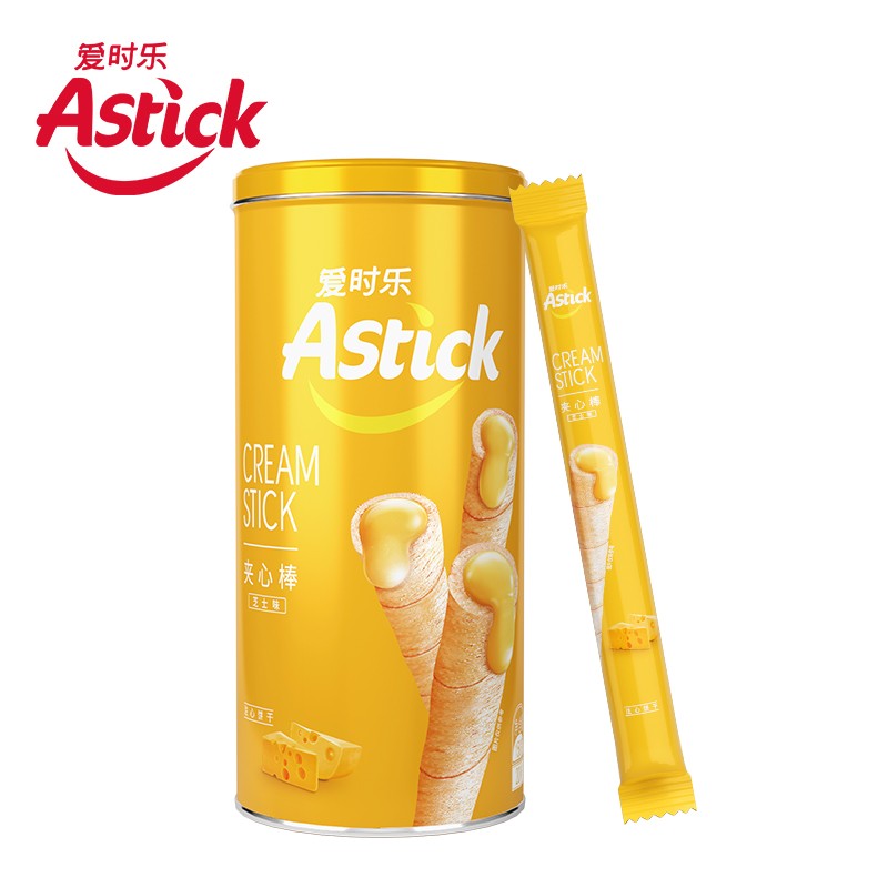 爱时乐(Astick) 芝士味夹心棒(注心饼干）蛋卷威化饼干休闲零食小吃150g罐装（新老包装随机发货）