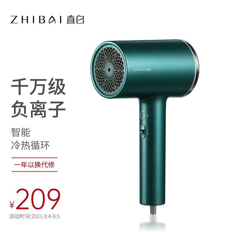 直白（zhibai）吹风机家用电吹风大功率智能温控负离子护发冷热风吹风筒巧黛绿色HL350