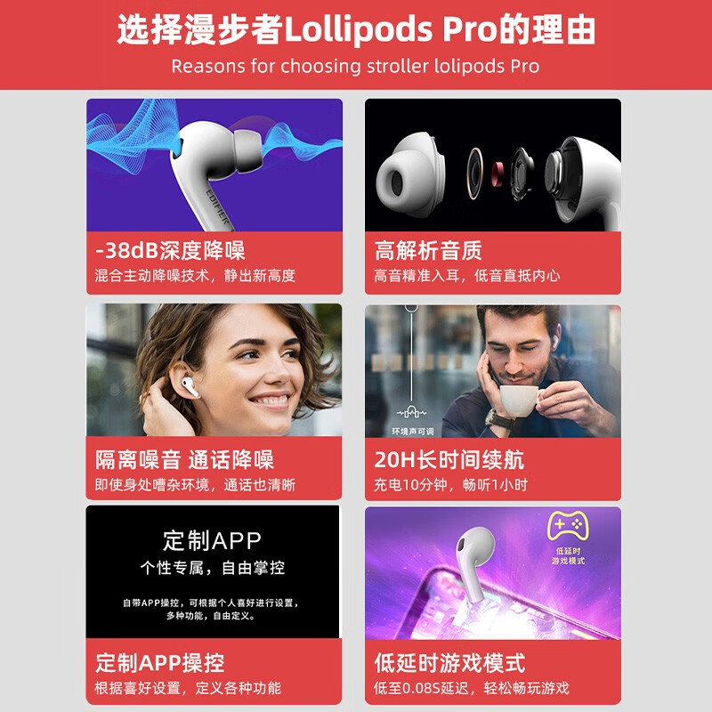 【年貨好物推薦】漫步者LolliPods Pro真無線藍牙耳機主動降噪新款藍牙耳機適用于華為蘋果小米 雪映白 +黑煤球耳機套