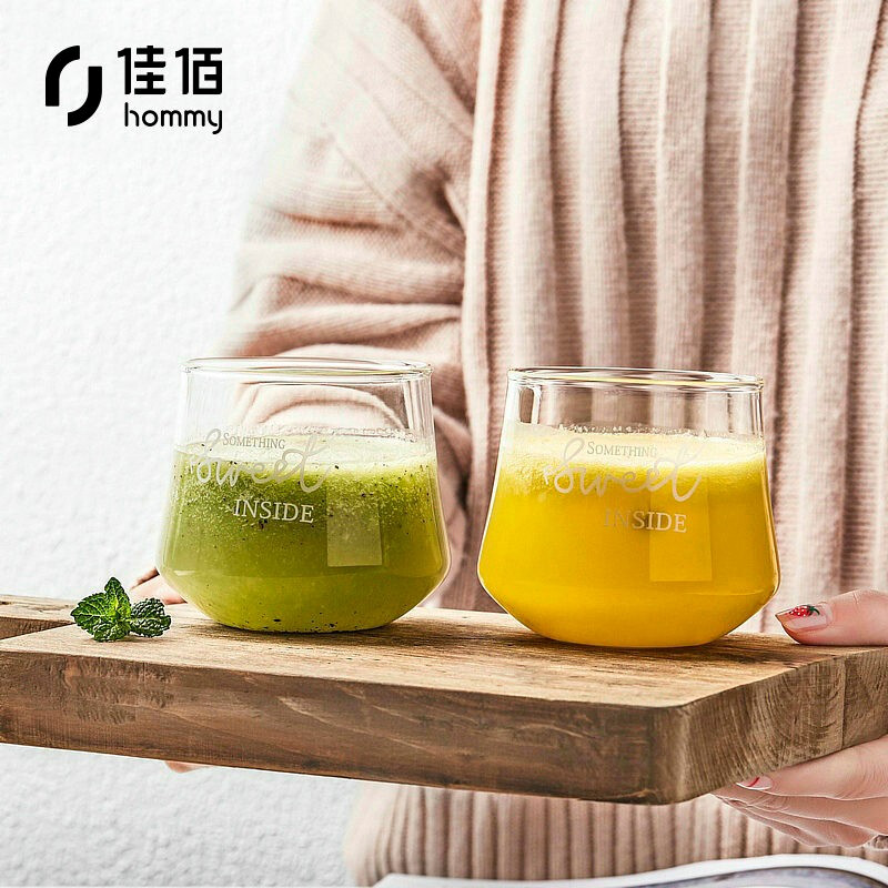 佳佰【京东自有品牌】创意简约玻璃杯耐冷热杯子果汁杯牛奶杯矮款2只套装水杯