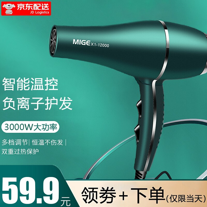 米格(MIGE) 德国进口吹风机家用速干理发店专用大功率3000W负离子护发宿舍 翡翠绿【12000大风送三】