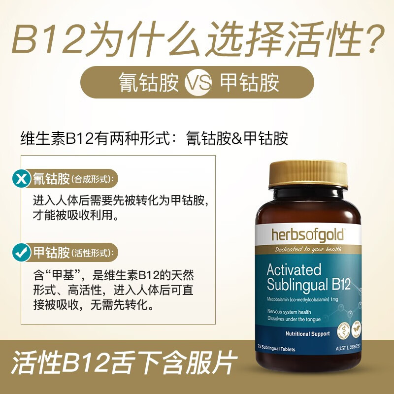 HerbsofGold和丽康 甲钴胺维生素B12活性VB澳洲进口成人中老年人维生素B族分散片 75片
