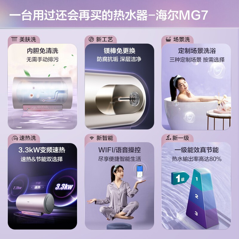 海尔（Haier）颜值控系列60升电热水器3300W变频速热美肤净水洗镁棒免更换 WiFi智控 EC6002-MG7(U1)