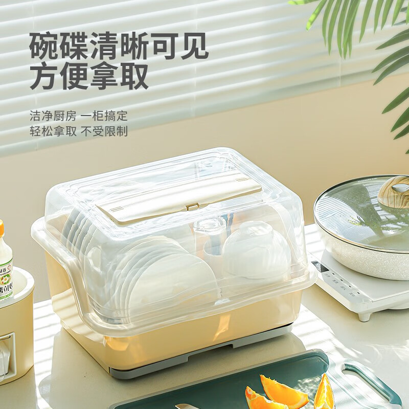 彩致（CAIZHI）碗柜塑料厨房沥水碗架带盖碗筷餐具收纳盒放碗碟架滴水碗盘置物架 米色 CZ6549