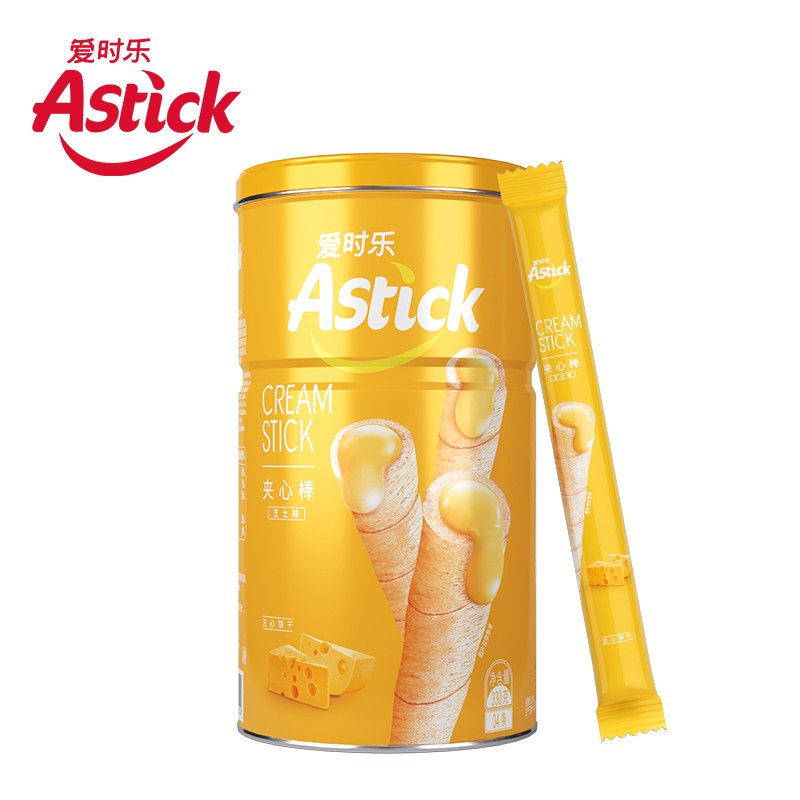 爱时乐(Astick) 芝士味夹心棒(注心饼干）蛋卷威化饼干休闲零食小吃 330g罐装（新老包装随机发货）