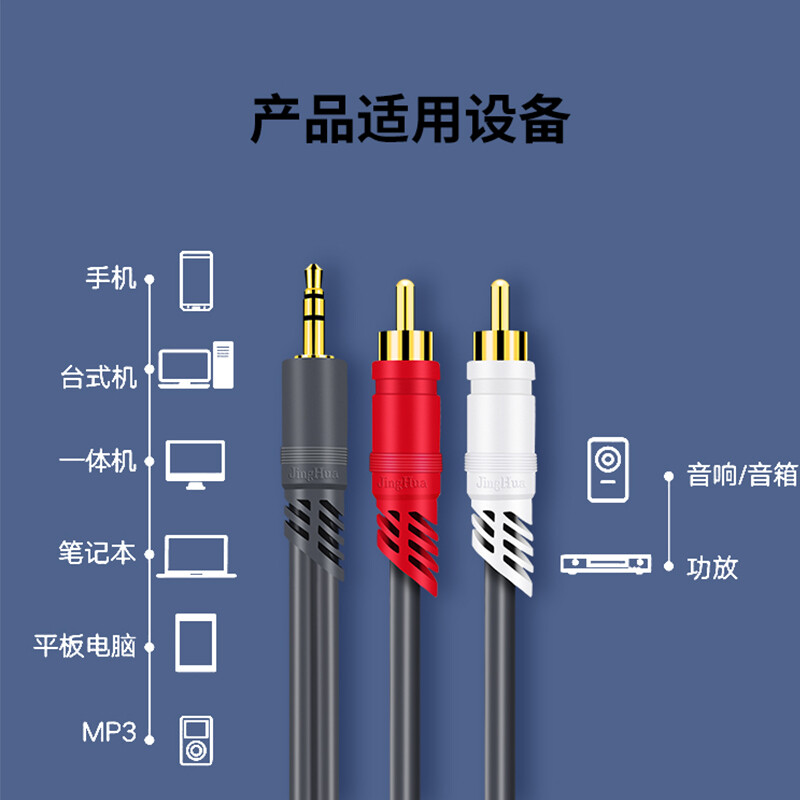 晶華（JH）3.5mm轉(zhuǎn)雙蓮花頭音頻線一分二  2RCA公對(duì)公連接線 手機(jī)電腦筆記本音箱音響轉(zhuǎn)接線 10米灰色 A220K