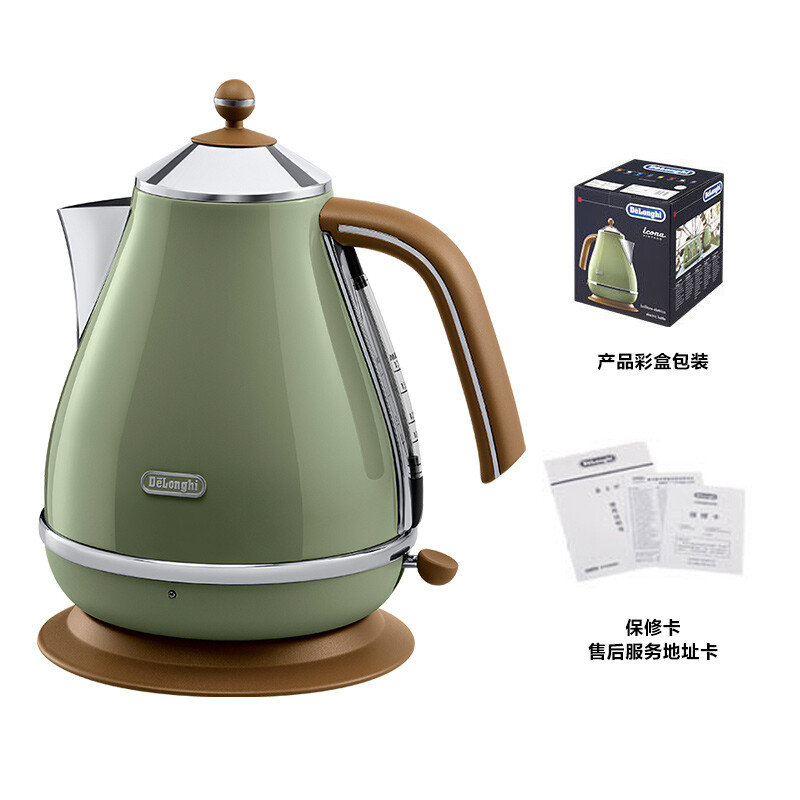 德龙（Delonghi）电热水壶 复古系列烧水壶热水瓶 家用办公室 304不锈钢 1.7L大容量 KBO2001.GR 橄榄绿