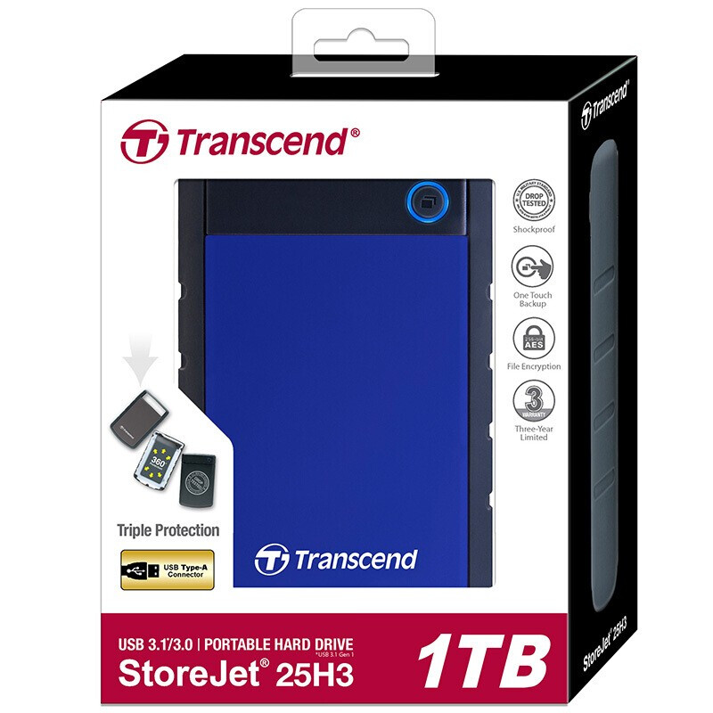 创见（Transcend）USB3.0/USB3.1 Gen1 高速移动硬盘 抗震保护 2.5英寸 USB3.1 Gen1 25H3B系列 蓝色 4TB