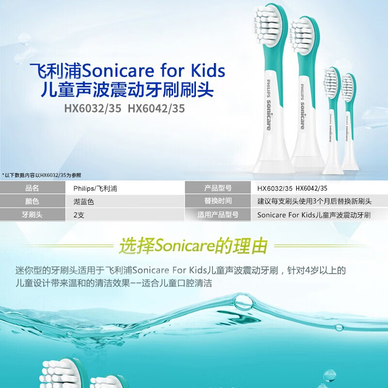 飞利浦（PHILIPS）儿童电动牙刷头 适用HX6322HX6312HX6320HX6340软毛刷头 HX6032 迷你型4只装