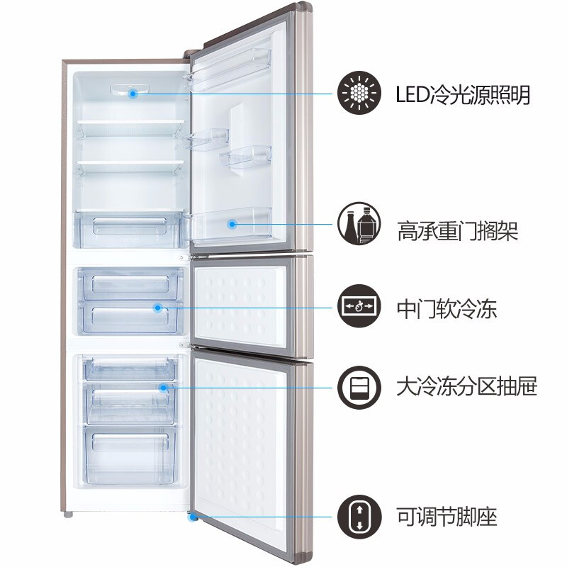 TCL 216升 三门冰箱 三门三温区中门软冷冻 实用电冰箱小型便捷大冷藏 节能养鲜  (流光金)BCD-216TF1