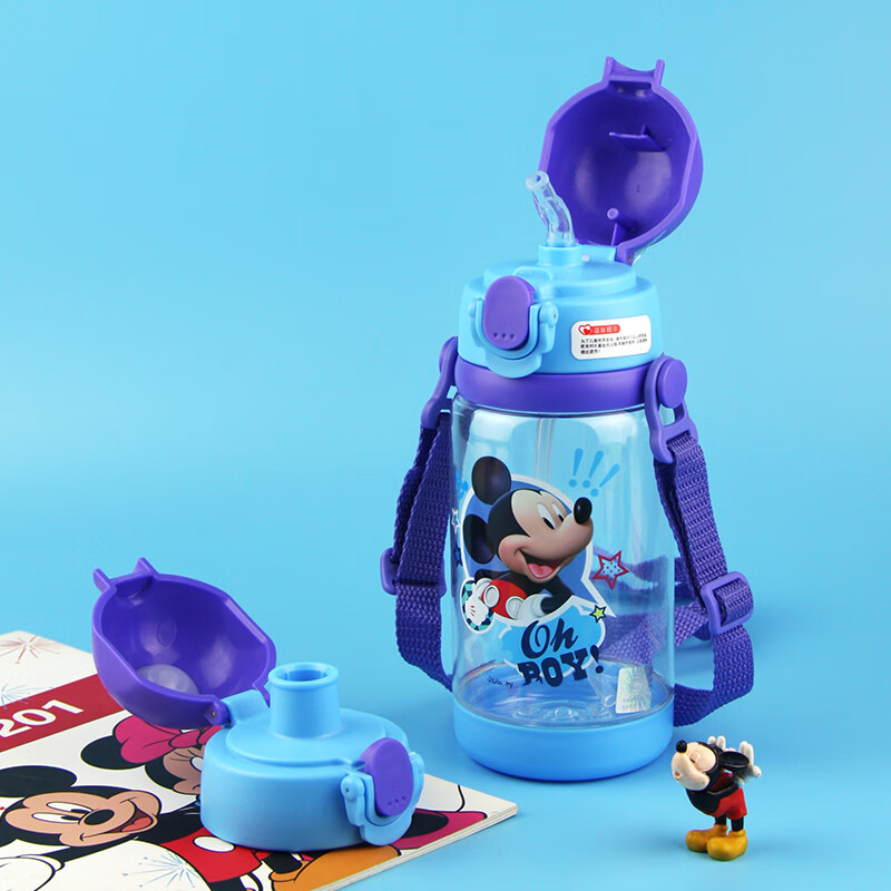 迪士尼塑料杯 双盖两用儿童吸管水杯子Tritan材质运动背带学生直饮水壶520ML幽蓝