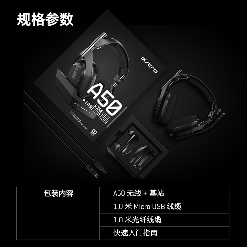 罗技（G）Astro A50 杜比7.1无线游戏耳机麦克风+无线基座 电脑PS4耳机 电竞话筒 内置音频控制器