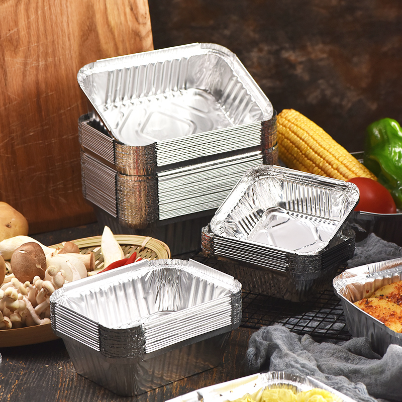 展艺 一次性锡纸盒 12cm 铝箔盒 加厚烧烤长方形锡纸碗盘外卖打包盒烤箱烘焙家用 50只装