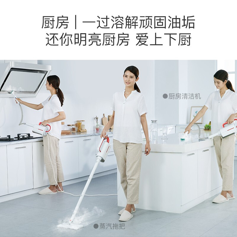 %title插图%num 德尔玛(Deerma)蒸汽拖把清洁机小米白多功能手持高温高压清洁器厨房油烟清洗机擦窗机ZQ610 家用实惠大礼包