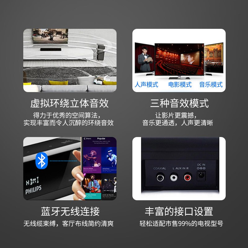 飞利浦（PHILIPS）回音壁 条形电视音响 杜比音效2.0立体声家庭影院 一体式音箱 蓝牙无线电视音响 HTL1000