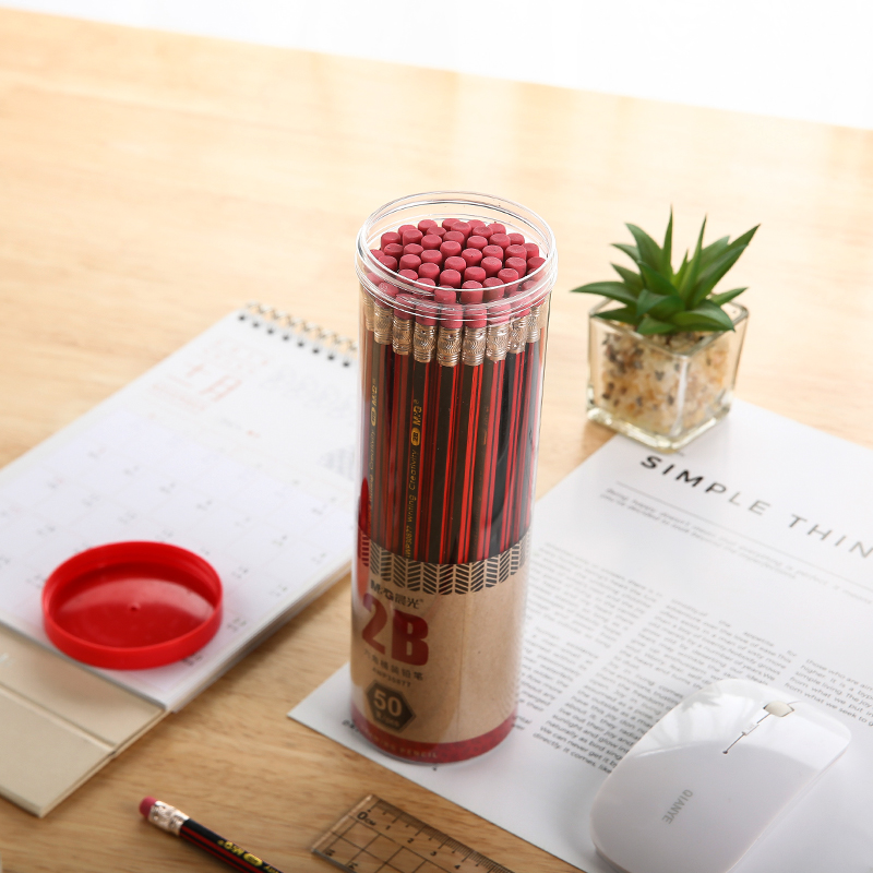 晨光(M&G)文具2B六角木杆铅笔 经典红黑抽条铅笔 学生素描绘图木杆铅笔(带橡皮头) 50支/桶AWP30877