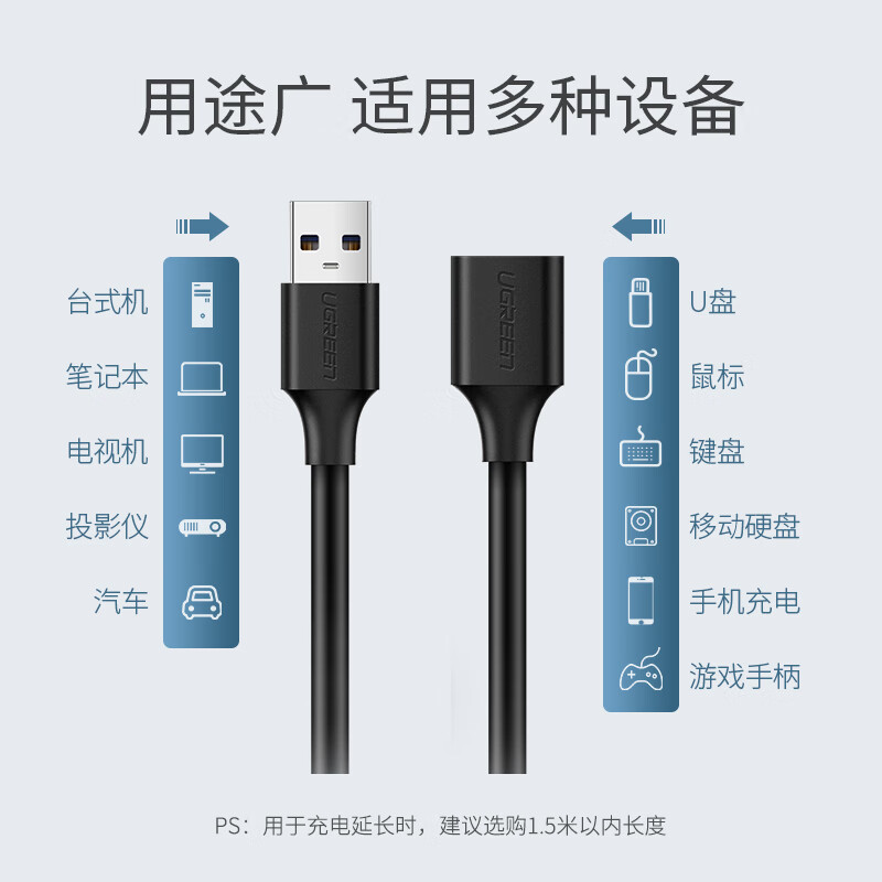 绿联（UGREEN）USB2.0延长线公对母 高速传输数据连接线 电脑U盘鼠标键盘打印机充电器加长线3米黑 10317