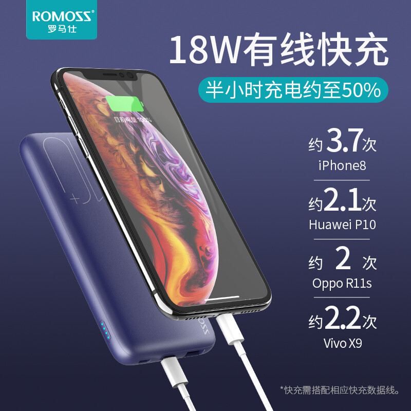 罗马仕ROMOSS 无线PD双向快充充电宝10000毫安时轻薄便携移动电源适用小米/苹果iPhoneXsMax/XR/8plus手机