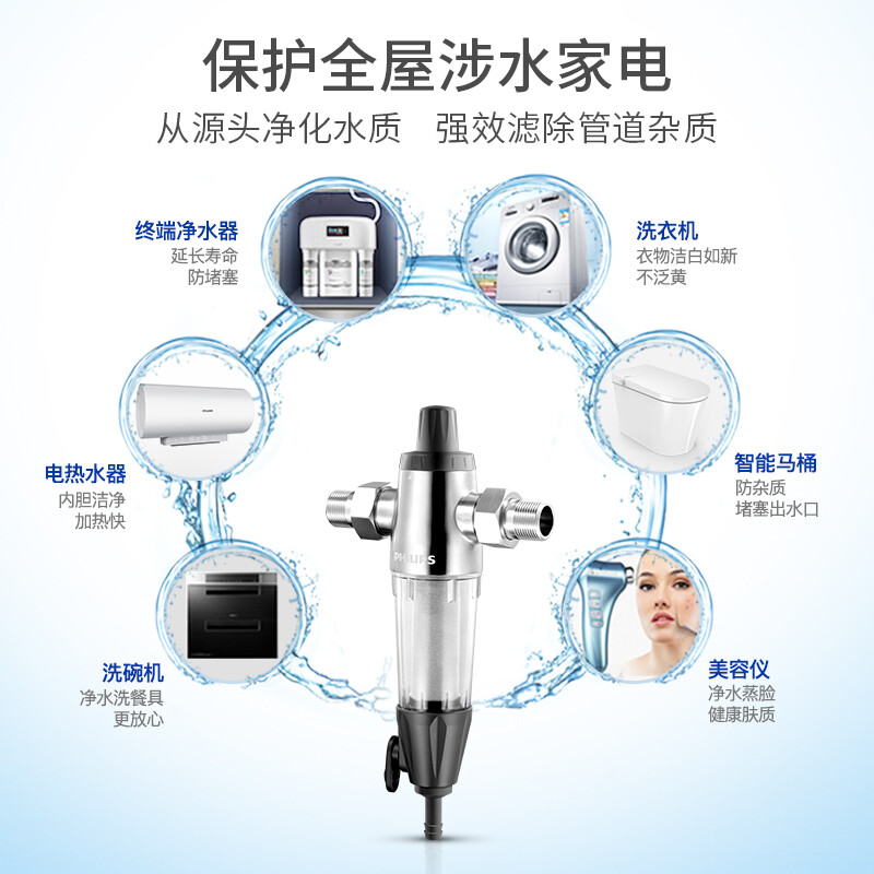 飛利浦（PHILIPS）家用中央前置過濾器 全屋凈水40微米剪切式直沖不銹鋼款 管道過濾凈水器 AWP9812