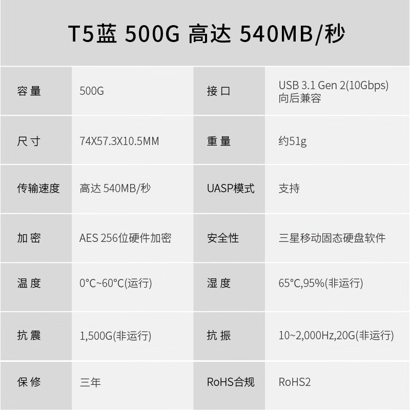 三星（SAMSUNG） 500GB Type-c USB 3.1 移动固态硬盘（PSSD） T5 蓝色 传输速度540MB/s 安全便携