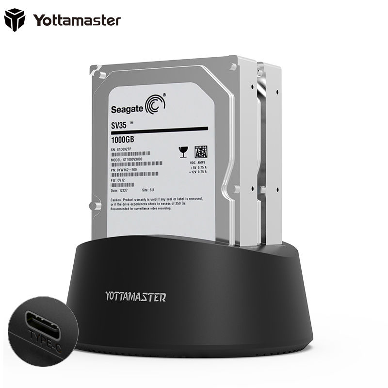 Yottamaster 2.5/3.5英寸Type-C双盘位硬盘底座脱机拷贝SATA串口硬盘盒支持固态SSD机械硬盘 黑K200C3-C