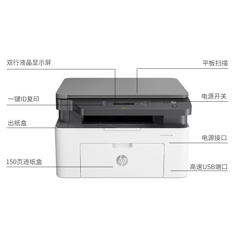惠普（HP）打印机M126a 136wm 136nw A4黑白激光复印扫描多功能一体机家用办公作业 136a（打印复印扫描+USB连接）替代126a