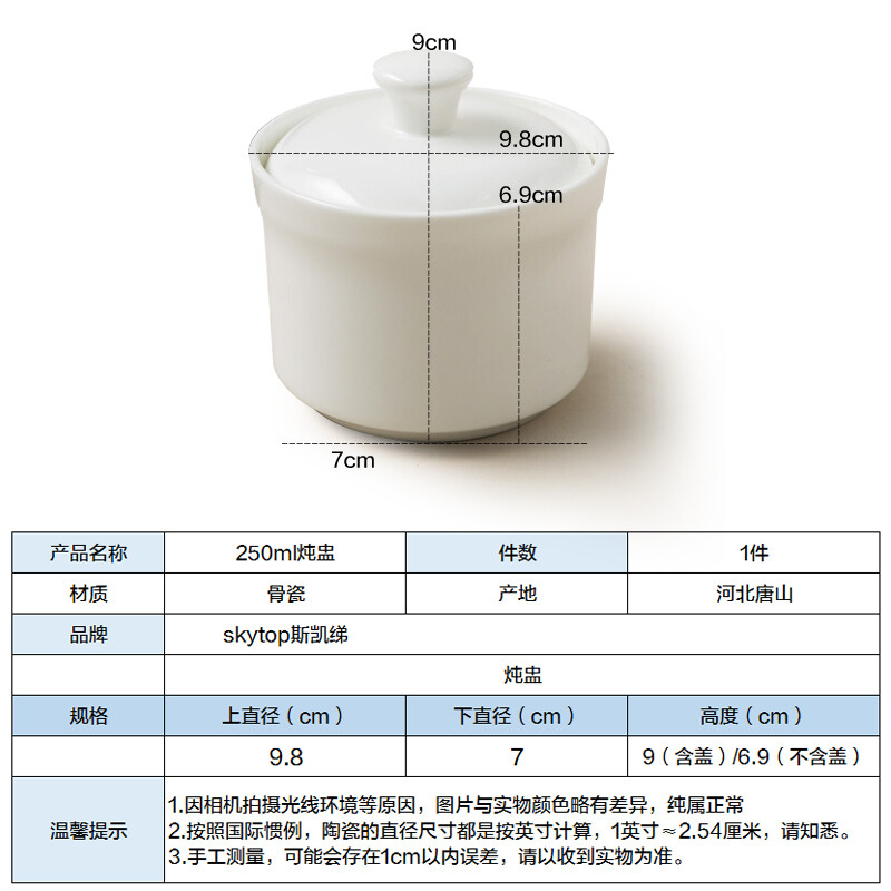 SKYTOP斯凯绨 陶瓷碗带盖骨瓷隔水炖盅单人份纯白250ml