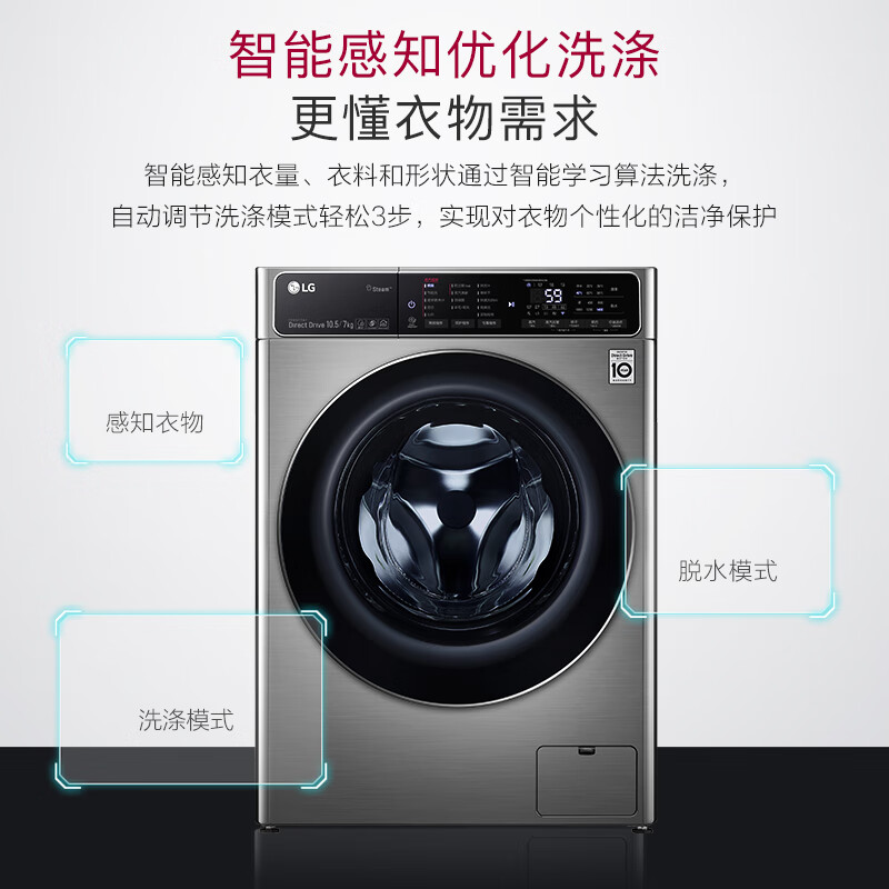 LG 10.5公斤滚筒洗衣机全自动 AI变频直驱 洗烘一体14分钟快洗 除菌除皱 速净喷淋 银FCZ10Q4T