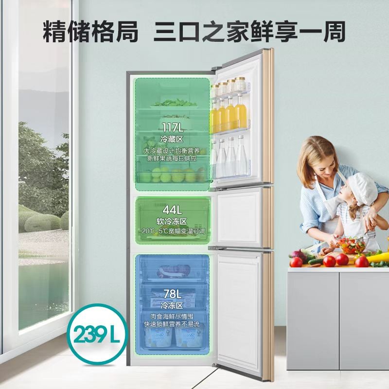 海信(Hisense)【鲜域系列】239升变频一级能效三门小型家用节能电冰箱风冷无霜BCD-239WYK1DPS中门宽幅变温
