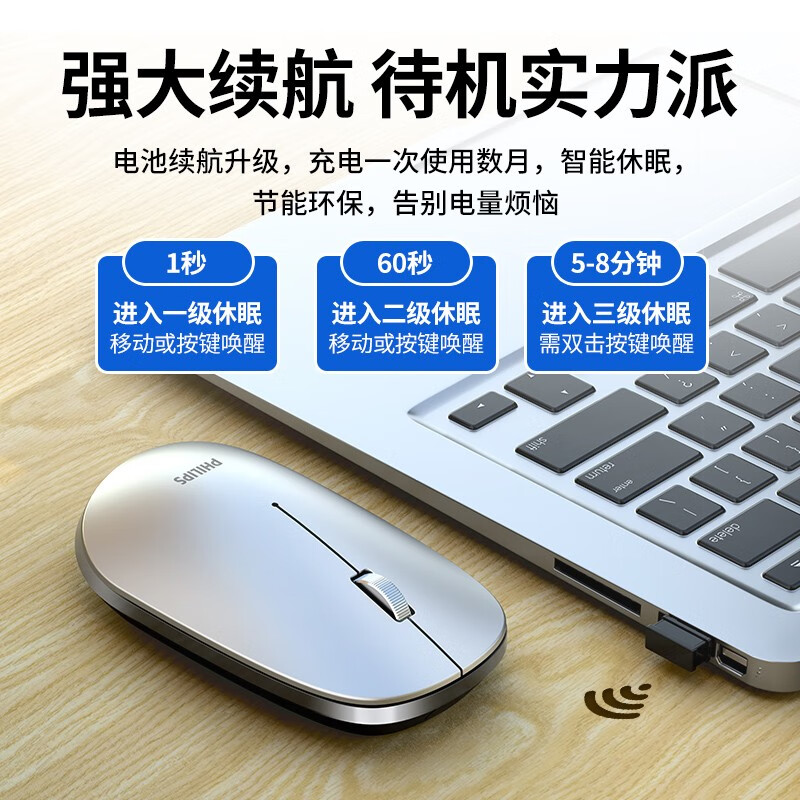 飛利浦（PHILIPS）無(wú)線鼠標(biāo)可充電靜音藍(lán)牙便攜電腦辦公商務(wù)筆記本男女生適用于蘋果聯(lián)想華為惠普 金屬灰 （充電版）