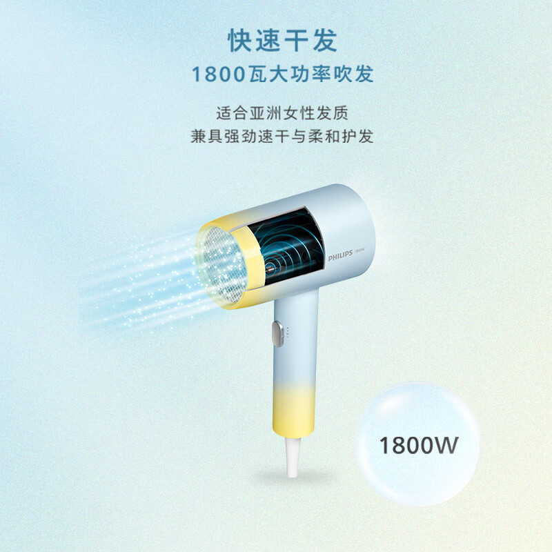 飛利浦（PHILIPS）吹風(fēng)機(jī) 鋅離子防曬護(hù)色 5000萬(wàn)負(fù)離子 BHD399/05 海鹽芝士黃 學(xué)生宿舍必備