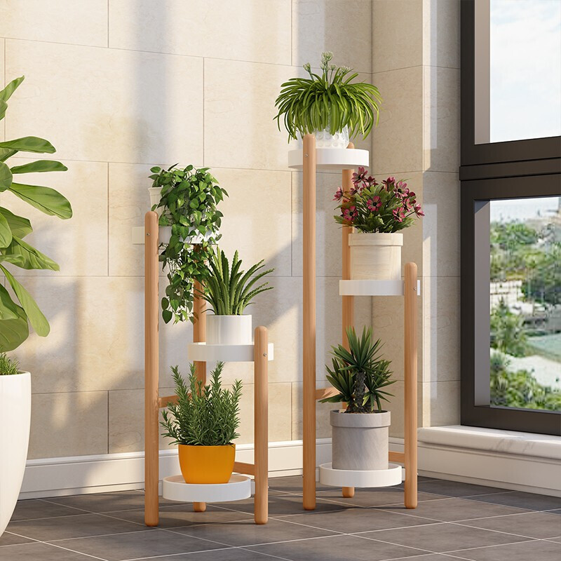 森岳花架北欧阳台户外花盆架子多层落地置物架三层实木框架盆景架浅