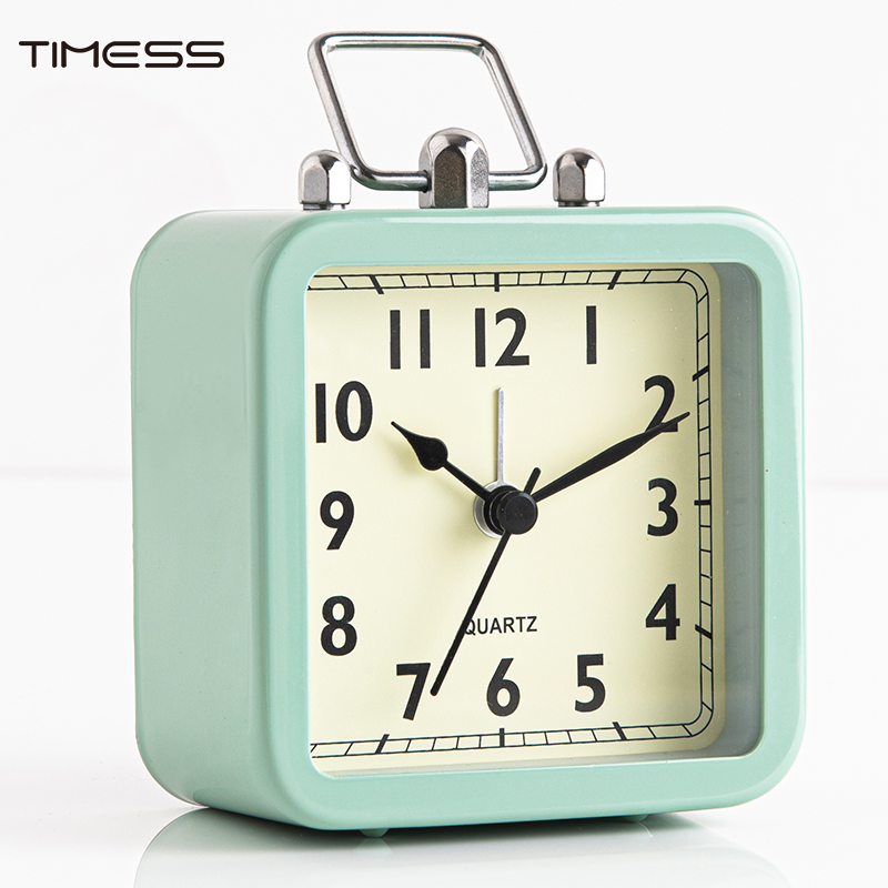 Timess 闹钟创意 学生儿童时钟床头创意小闹钟金属外观方形石英钟T828-C浅蓝