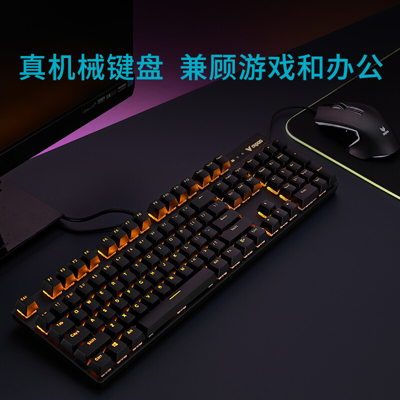 雷柏（Rapoo） V500PRO单光版 机械键盘 有线键盘 游戏键盘 104键单光键盘 吃鸡键盘 黑色 黑轴