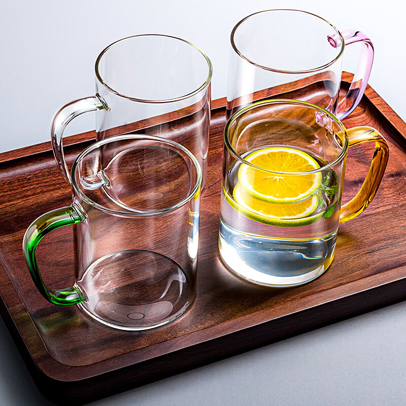 天喜(TIANXI)玻璃杯 水杯家用泡茶杯四色透明带把手玻璃杯套装酒杯果汁杯 可微波炉耐高温早餐牛奶杯 400ml*4