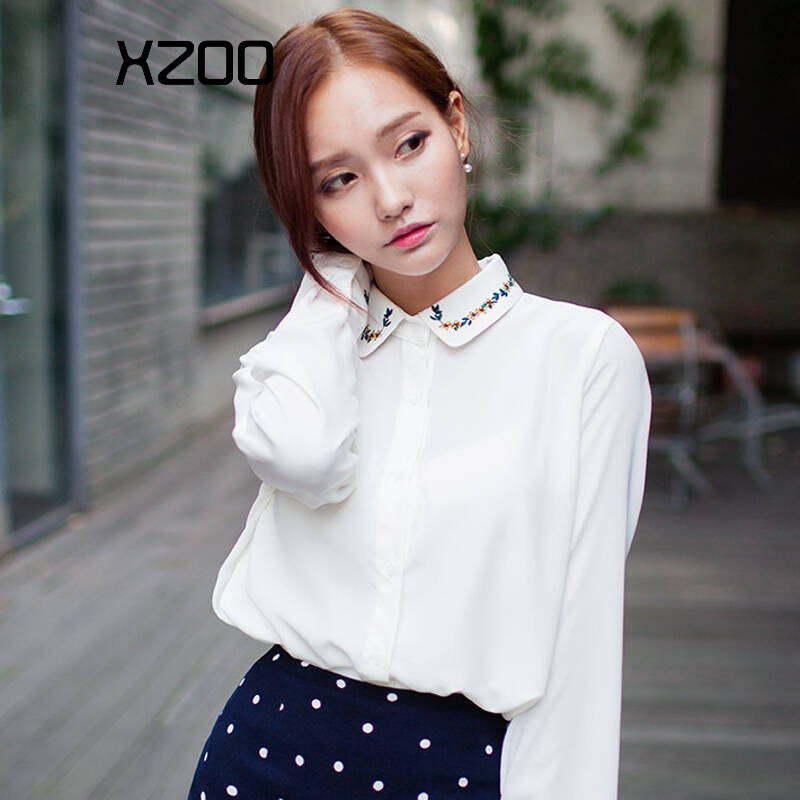 xzoo2015春季新款 气质提领子绣花雪纺衬衫女 米白色百搭直筒打底衬衣