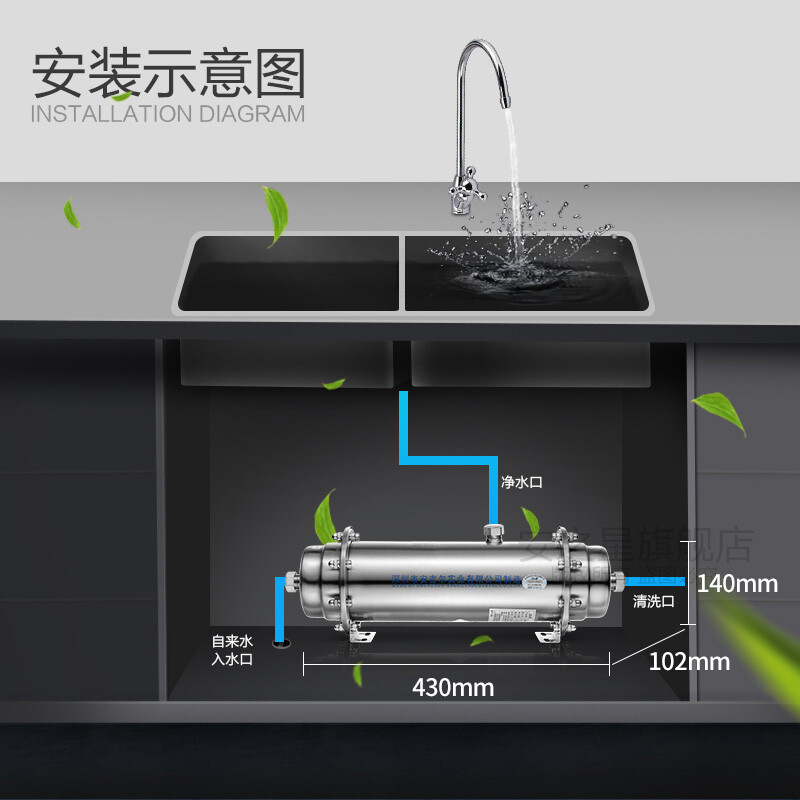 安之星AZX-08UF-H500A厨房中央净水器 家用 不锈钢管道净水机 1000L标准安装版