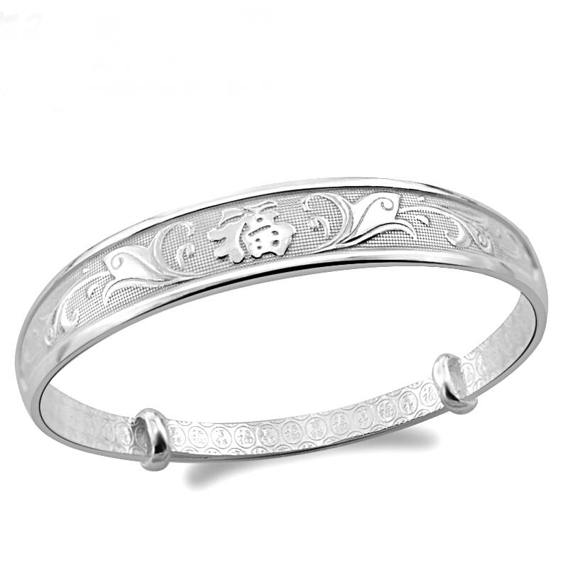 银意坊正品 s999千足银 福字推拉手镯 银镯子 银手镯女 纯银手镯 约31