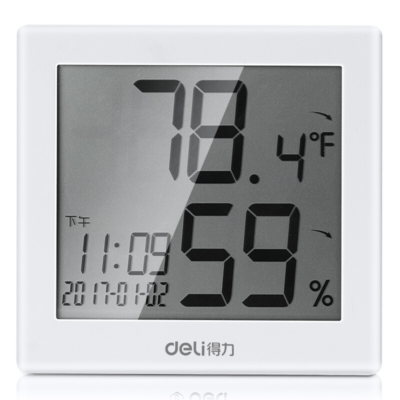 得力(deli)室内温湿度表 LCD电子温湿度计带闹钟功能 婴儿房室内温湿度表 办公用品 白色8813