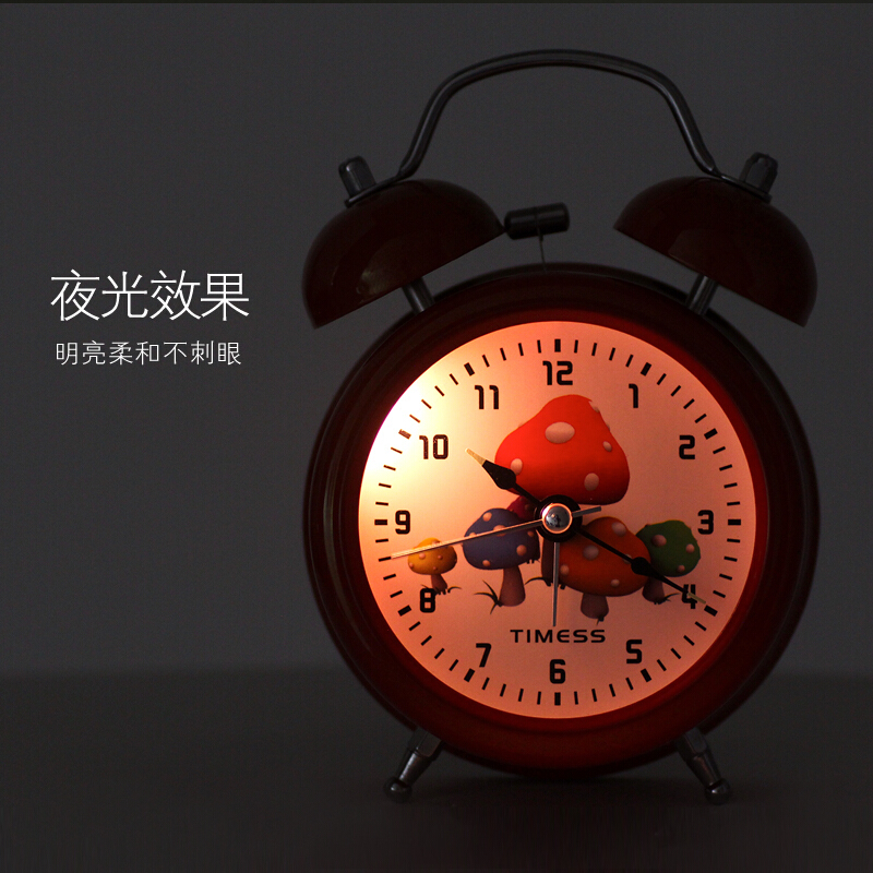 TIMESS闹钟  静音时尚学生床头钟个性创意夜光灯打铃钟可爱儿童石英钟R-818红色可爱蘑菇