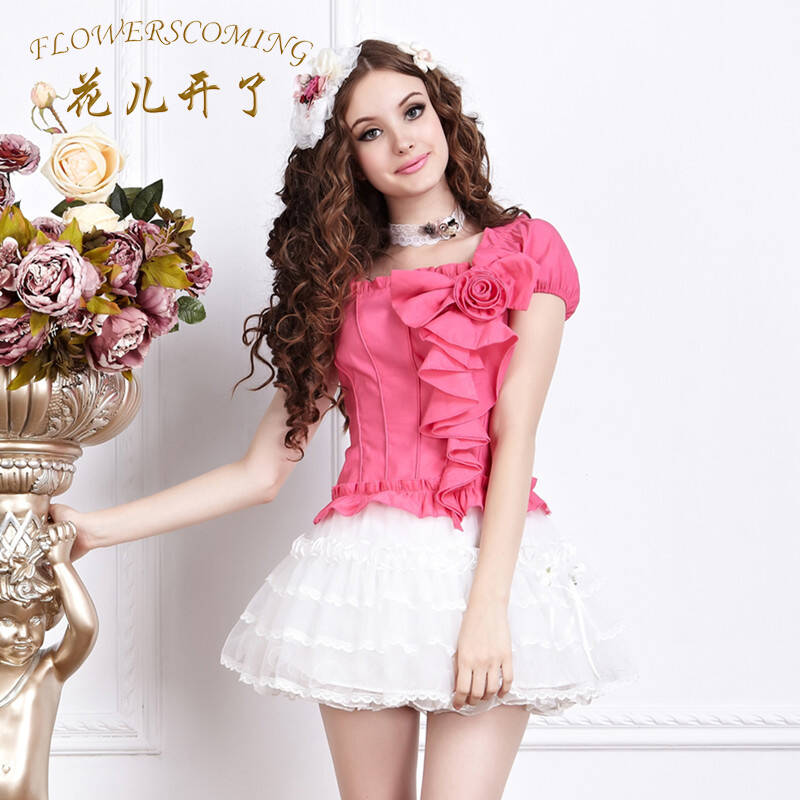 花儿开了2014新款夏女装短袖纯色方领上衣甜美优雅蝴蝶结波浪花边衬衫