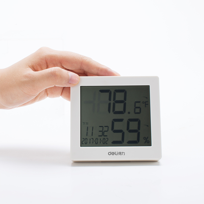 得力(deli)LCD带时间闹钟电子温湿度计 婴儿房室内温湿度表 办公用品 白色8813