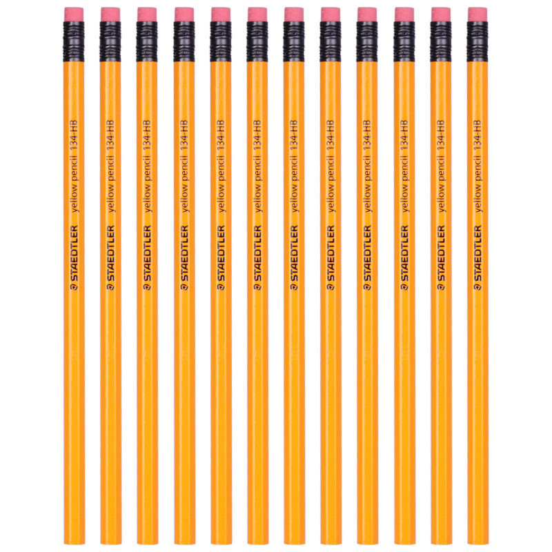 德国施德楼（STAEDTLER）铅笔六角黄杆日常书写笔带橡皮头12支134-HB