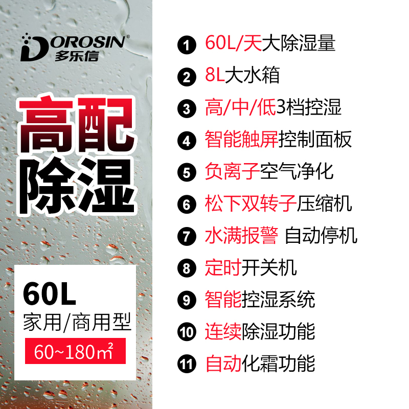 多乐信（DOROSIN）除湿机/抽湿机 适用180平方米 除湿量60升/天 松下压缩机 家用地下室工业吸湿器 ER-660E