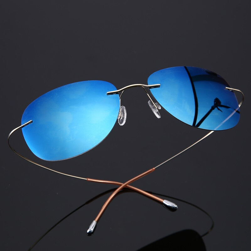 锐盾96%纯钛超轻弹无框偏光太阳镜蛤蟆镜男女款司机开车驾驶眼镜墨镜 rd0077 金框--蓝色片